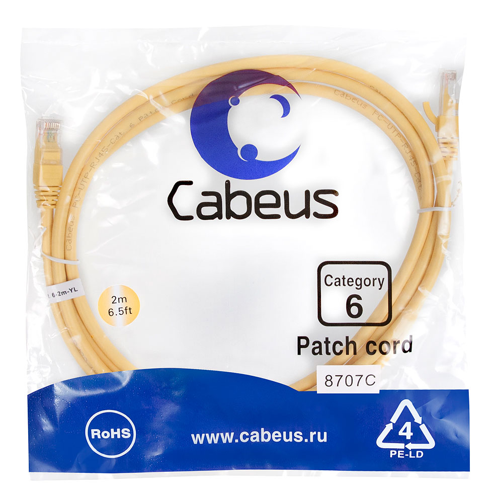 Cabeus PC-UTP-RJ45-Cat.6-2m-YL Патч-корд U/UTP, категория 6, 2xRJ45/8p8c, неэкранированный, желтый, PVC, 2м