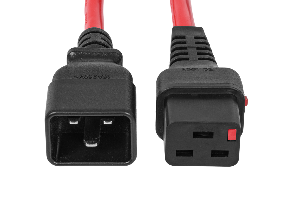Шнур питания термостойкий с фиксатором IEC60320 C19 / IEC60320 C20, 16А, 250В (3×2,5), 0,5м, красный, R-16-Cord60-C19-C20-0.5-Red