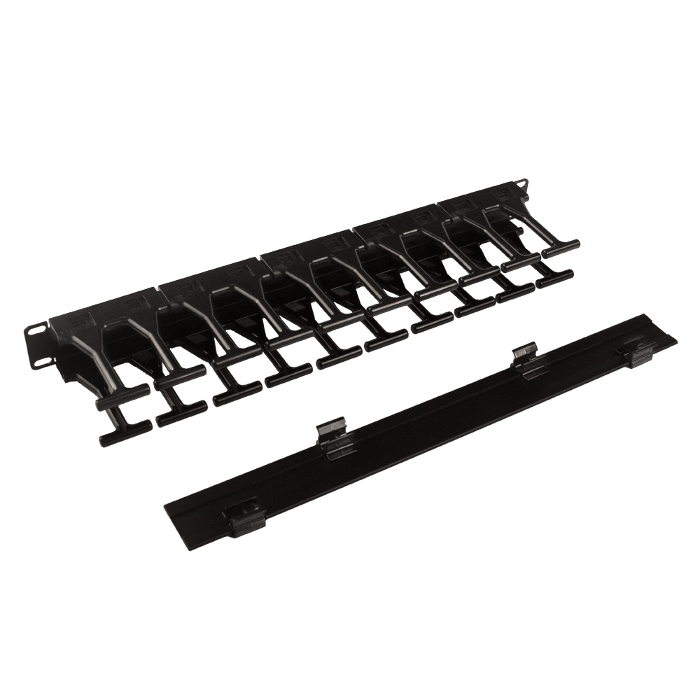 Cabeus JB08-1U-100-PL-BK Кабельный органайзер горизонтальный 19" 1U, пластиковые пальцы и крышка, цвет черный (RAL9004)