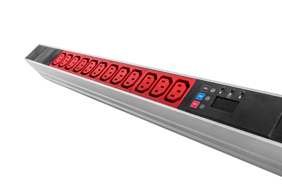 Верт блок розеток Rem-2MC, монит, измер, 3×16A, 36C13, 1420мм, шнур 3м IEC309, R-2MC3-3x16-36C13-MI-1420-3-3PN