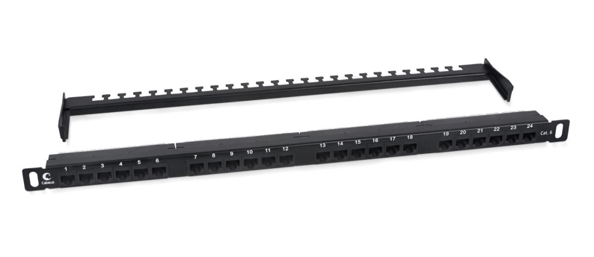 Cabeus PLHD-24-Cat.6-Dual-180-0,5U Патч-панель высокой плотности 19" (0,5U), 24 порта RJ-45, категория 6, Dual IDC,180 градусов, с задним кабельным организатором