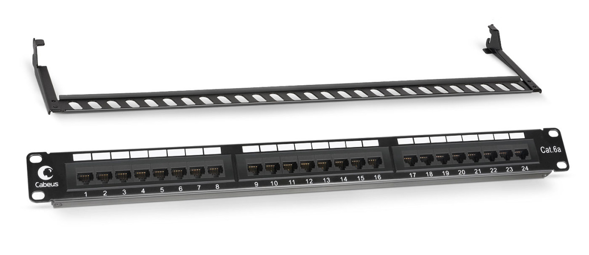 Cabeus PL-24-Cat.6A-Dual IDC Патч-панель 19" (1U), 24 портов RJ-45, категория 6A, Dual IDC, с задним кабельным организатором