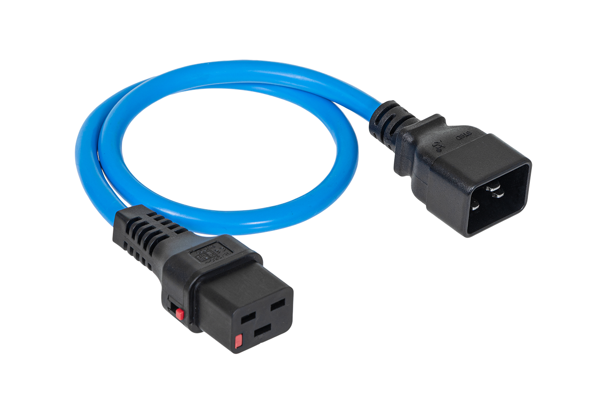 Шнур питания термостойкий с фиксатором IEC60320 C19 / IEC60320 C20, 16А, 250В (3×2,5), 0,5м, синий, R-16-Cord60-C19-C20-0.5-Blue