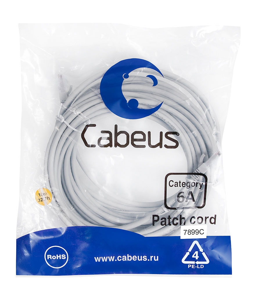 Cabeus PC-UTP-RJ45-Cat.6a-10m-LSZH Патч-корд UTP, категория 6a, 10G, неэкранированный, LSZH, 10 м, серый