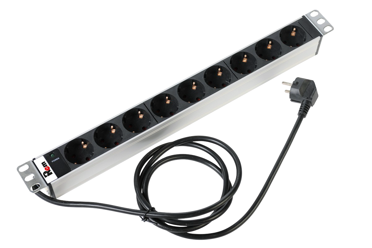 ЦМО R-16-9S-I-440-1.8 Блок розеток Rem-16 с инд., 9 Schuko, 16A, алюм., 19", шнур 1,8 м. R-16-9S-I-440-1.8