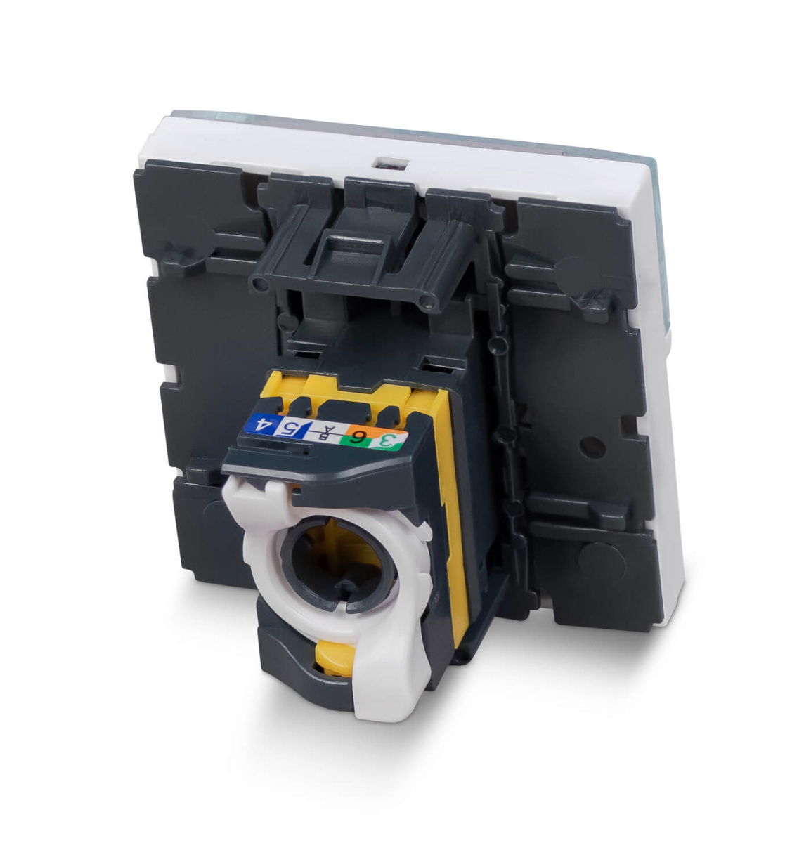 Cabeus KJ-RJ45-Cat.6a-180T-FP-L-45 Keystone Jack RJ-45(8P8C), 180 градусов, категория 6a, безинструментный монтаж, вставка Mosaic (арт.076574)