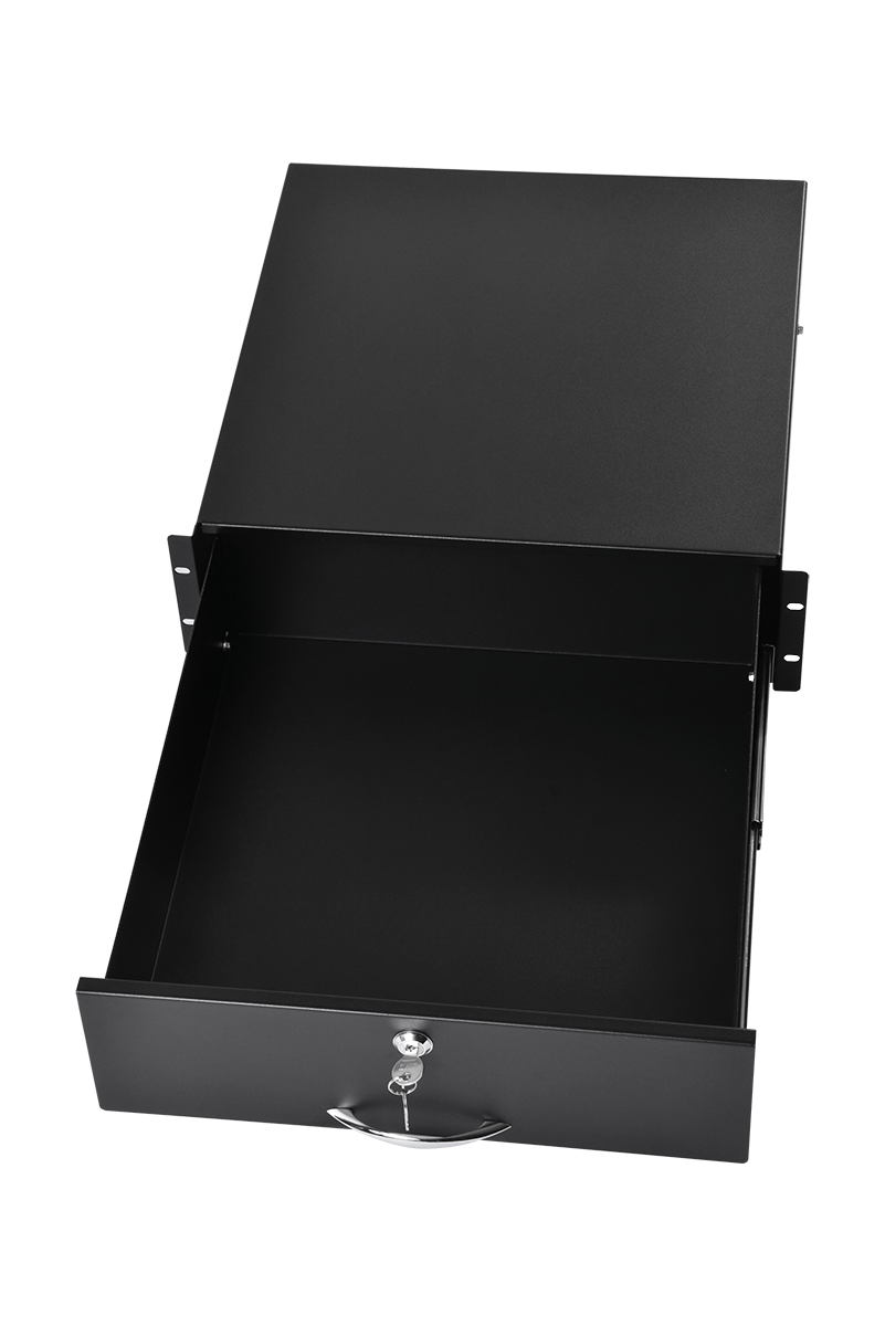 Полка (ящик) для документации 3U, на передней панели установлена ручка и замок, ящик имеет телескопические направляющие, нагрузка до 15кг, черный RAL 9005, 133х483х460 мм  ТСВ-Д-3U.450-9005