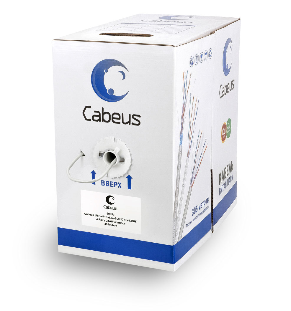 Cabeus UTP-4P-Cat.5e-SOLID-GY-LIGHT Кабель витая пара UTP (U/UTP), категория 5e, 4 пары 0,47мм (24 AWG), одножильный, серый (305 м)