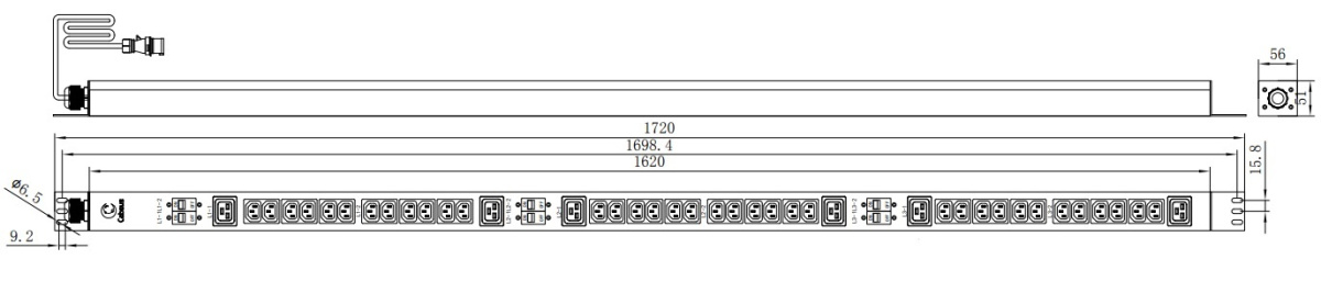 Cabeus PDU-32-3P-36C13-6C19-I309 Блок распределения питания для 19" шкафов, вертикальный, 6 розеток IEC 320 C19, 36 розеток IEC 320 C13, 3 фазы, 32А, автоматы защиты, шнур с вилкой IEC309 3м