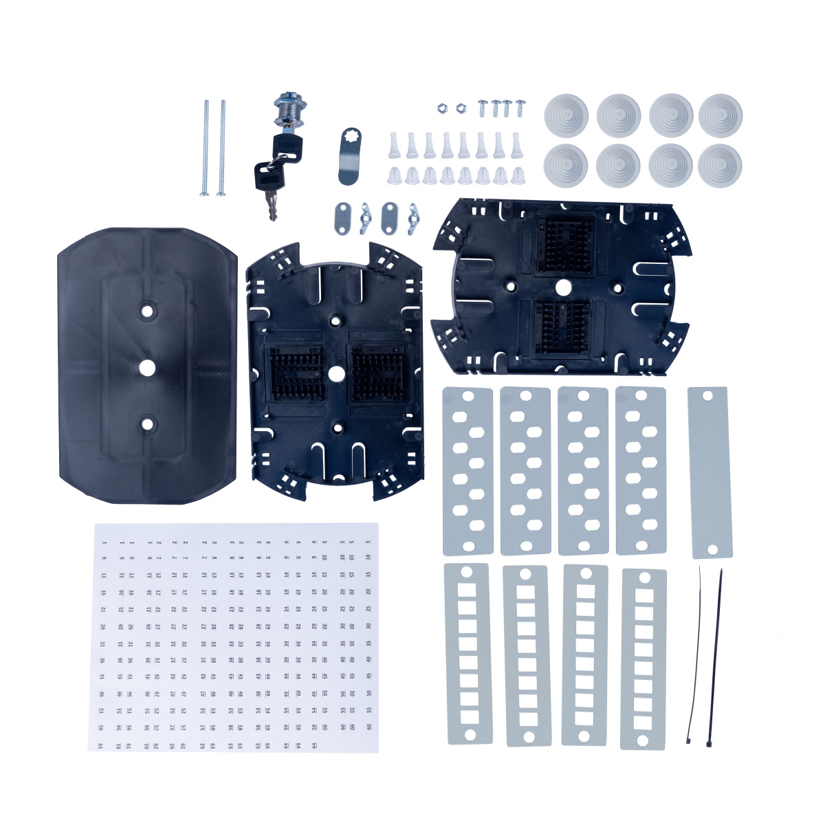Cabeus FO-WL-24/32-SC/2LC/FC/ST-FP-K Кросс оптический настенный частично укомплектованный 24/32 порта SC/LC duplex/FC/ST (Планка SC/2LC-4 шт, планка FC/ST-4шт, планка-заглушка-1шт, сплайс-кассета-2шт, крышка для ску -1шт) серый RAL 7035