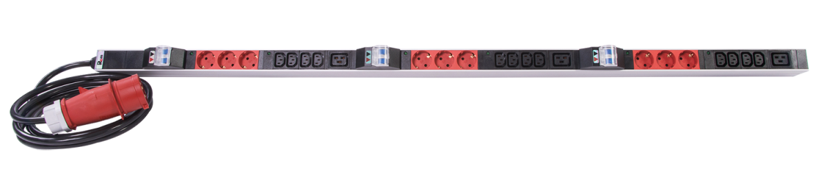 Верт блок розеток Rem-3×32, 3×32A, 6 авт, инд, 9S, 12C13, 3C19, 1420мм, шнур 3м IEC309, R-3x32-9S-12C13-3C19-A-I-1420-3-3PN