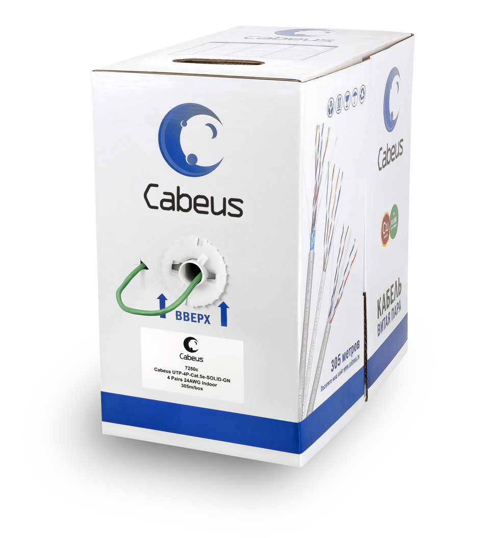 Cabeus UTP-4P-Cat.5e-SOLID-GN Кабель витая пара UTP (U/UTP), категория 5e, 4 пары 0,51мм (24 AWG), одножильный, зеленый (305 м)