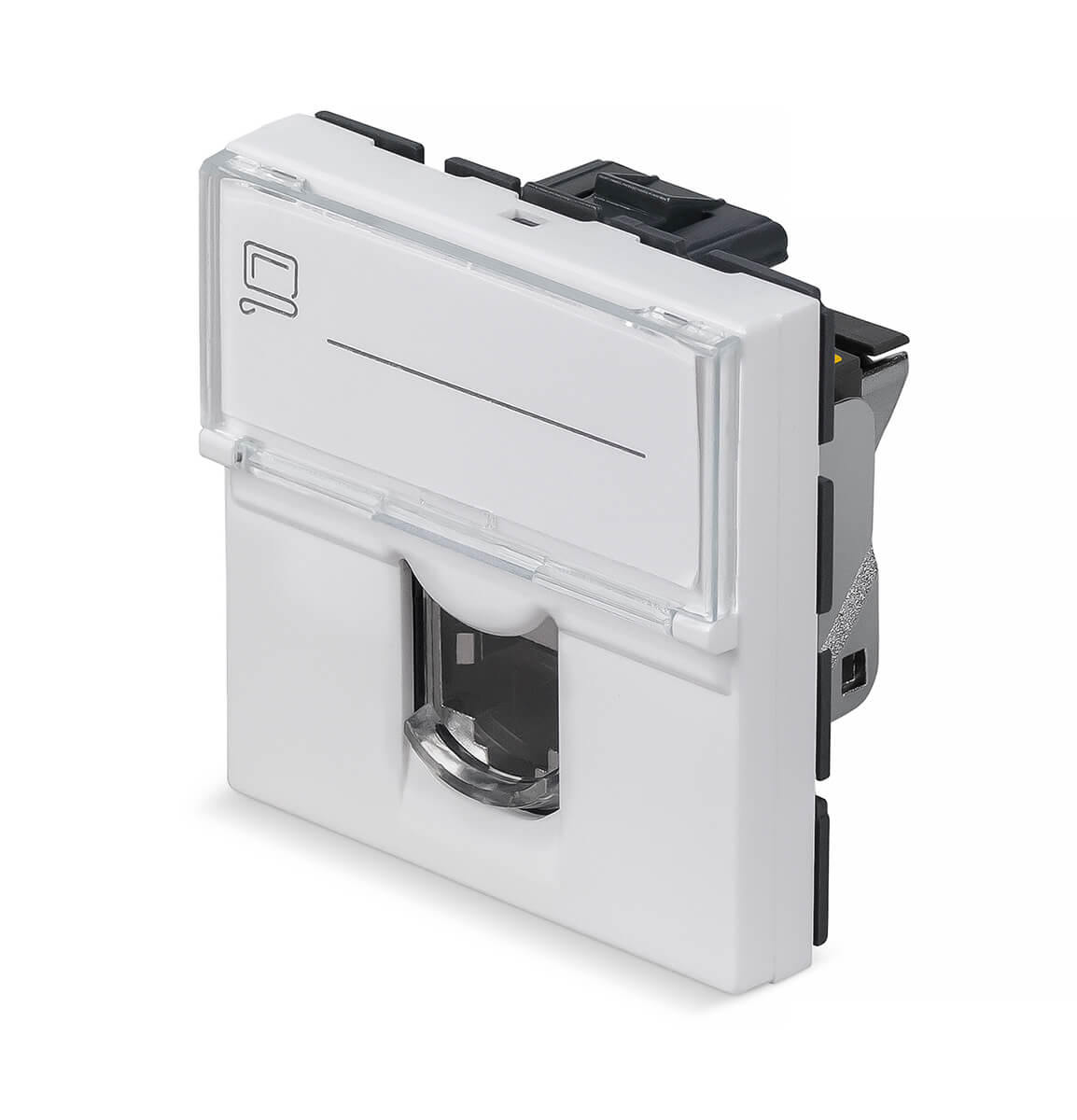 Cabeus KJ-RJ45-Cat.6a-SH-180T-FP-L-45 Keystone Jack RJ-45(8P8C), 180 градусов, категория 6a, экранированная, безинструментный монтаж, вставка Mosaic (арт.076576)