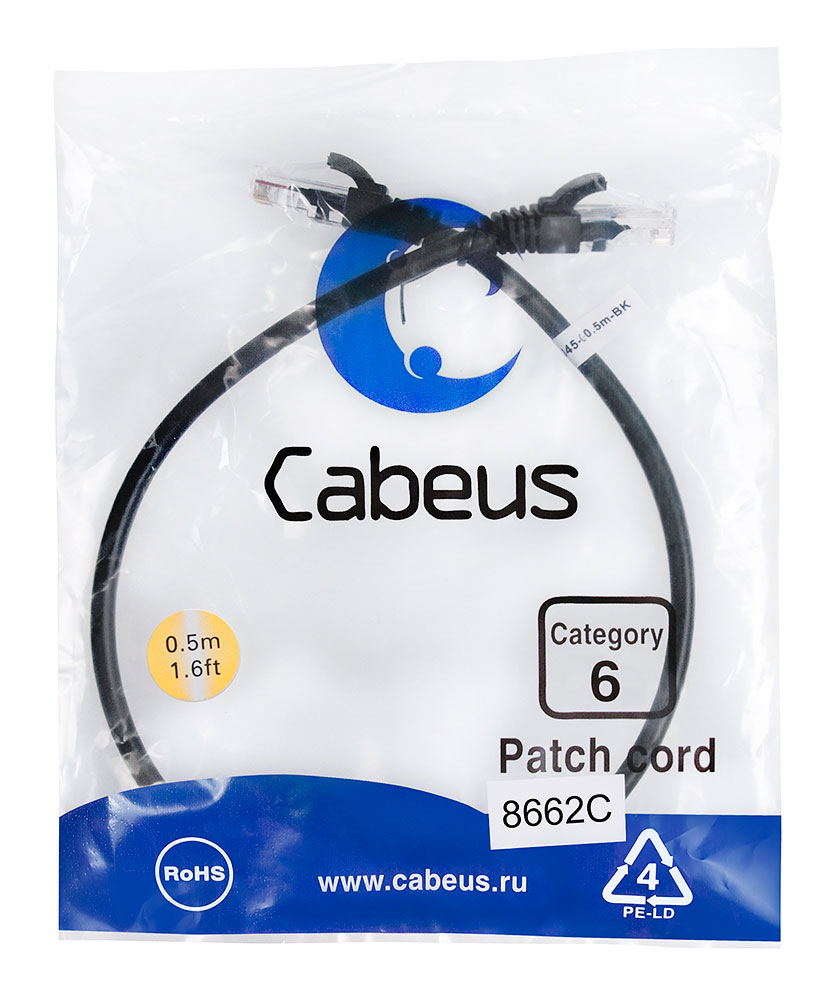 Cabeus PC-UTP-RJ45-Cat.6-0.5m-BK Патч-корд U/UTP, категория 6, 2xRJ45/8p8c, неэкранированный, черный, PVC, 0.5м