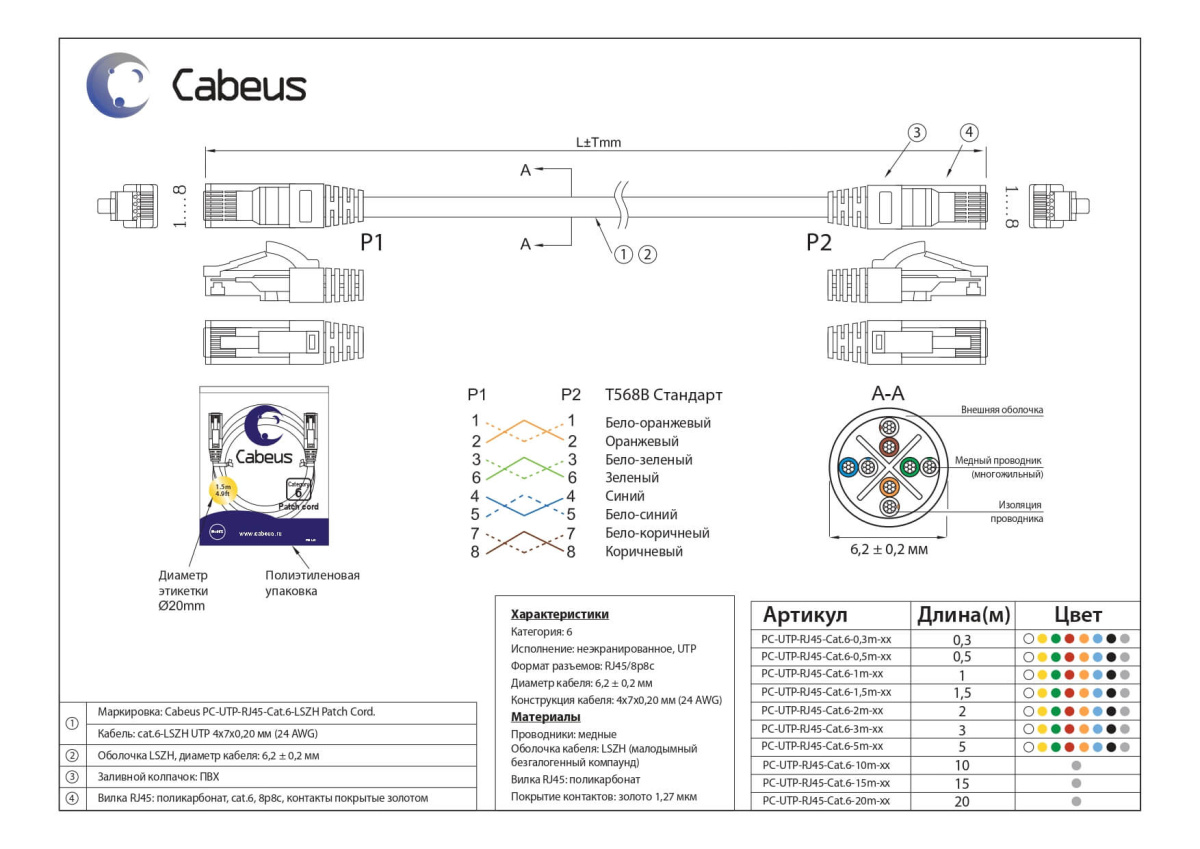 Cabeus PC-UTP-RJ45-Cat.6-5m-OR-LSZH Патч-корд U/UTP, категория 6, 2xRJ45/8p8c, неэкранированный, оранжевый, LSZH, 5м