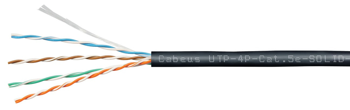 Cabeus UTP-4P-Cat.5e-SOLID-OUT-LSZH-UV-50 Кабель витая пара UTP (U/UTP), категория 5e, 4 пары (24 AWG), одножильный, для внутренней и внешней прокладки (+75 C - -40), LSZH-UV (50 м)