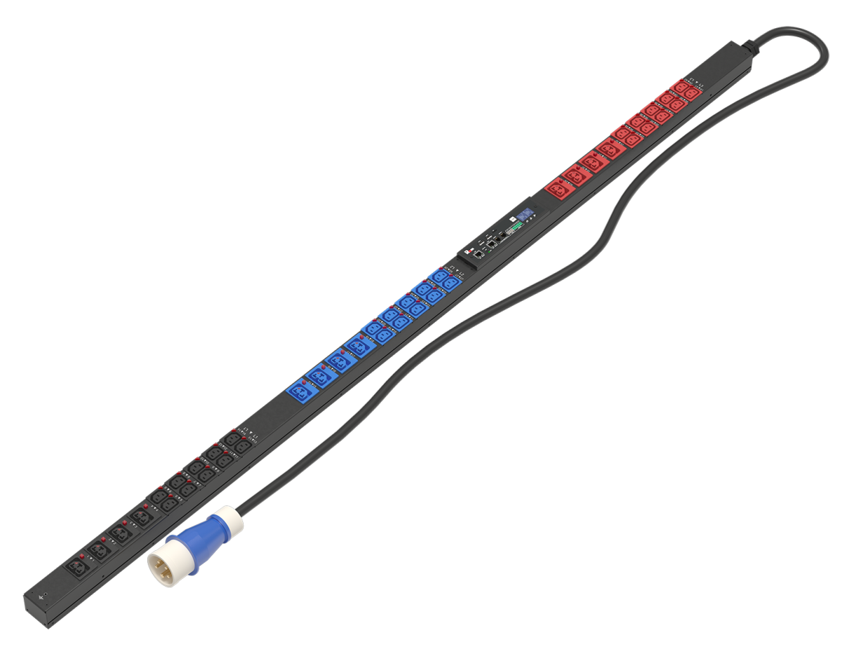 Верт блок розеток Rem-3MC, монит, измер, 3×16A, 30C13 с фикс, 12C39 с фикс, 1820мм, шнур 1,8м IEC309, R-3MC3-3x16-30C13L-12C39L-MI-1820-1.8-3PN-B
