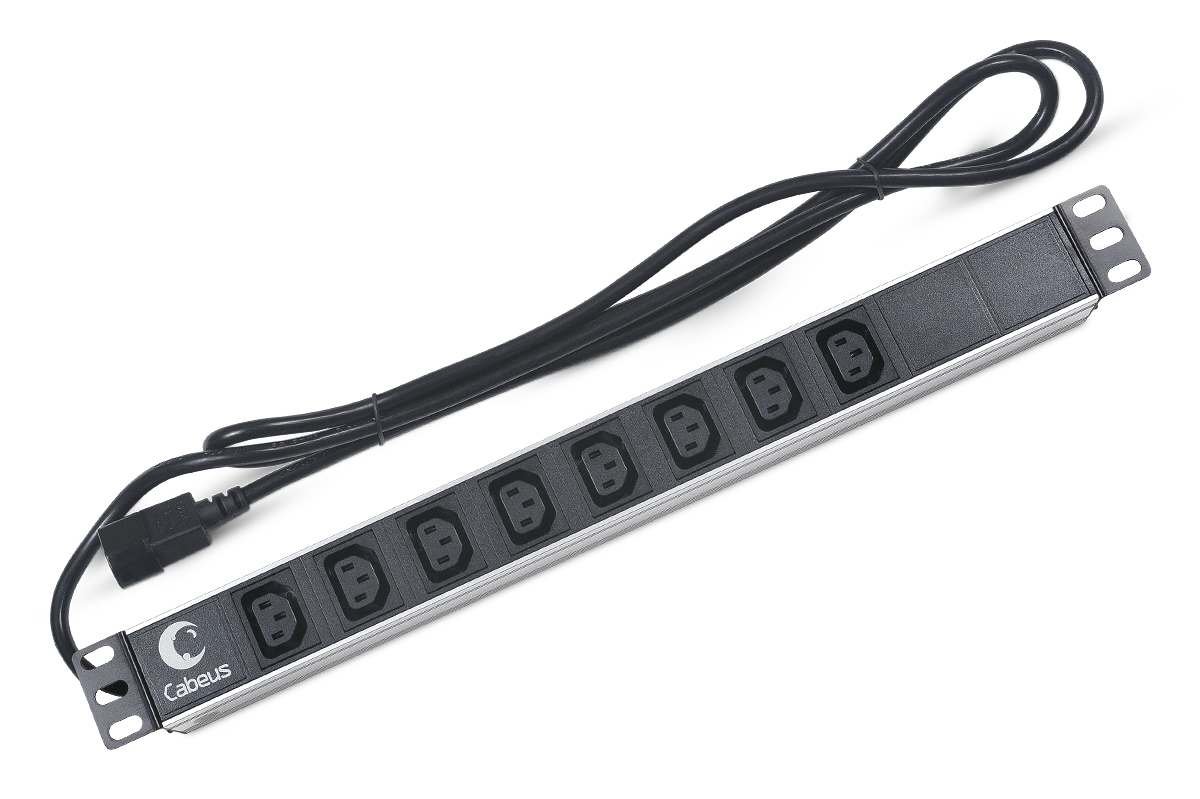 Cabeus (PDU-8I-2IEC) Блок розеток для 19" шкафов, горизонтальный, 8 розеток IEC 320, 10 A, без выключателя, алюминиевый корпус, шнур 2 м, вилка IEC 320