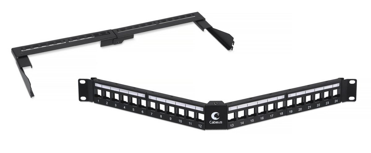 Cabeus PLB-24-CON Угловая модульная патч-панель  19", 24 порта, 1U , для неэкранированных модулей, с задним кабельным организатором (без модулей)