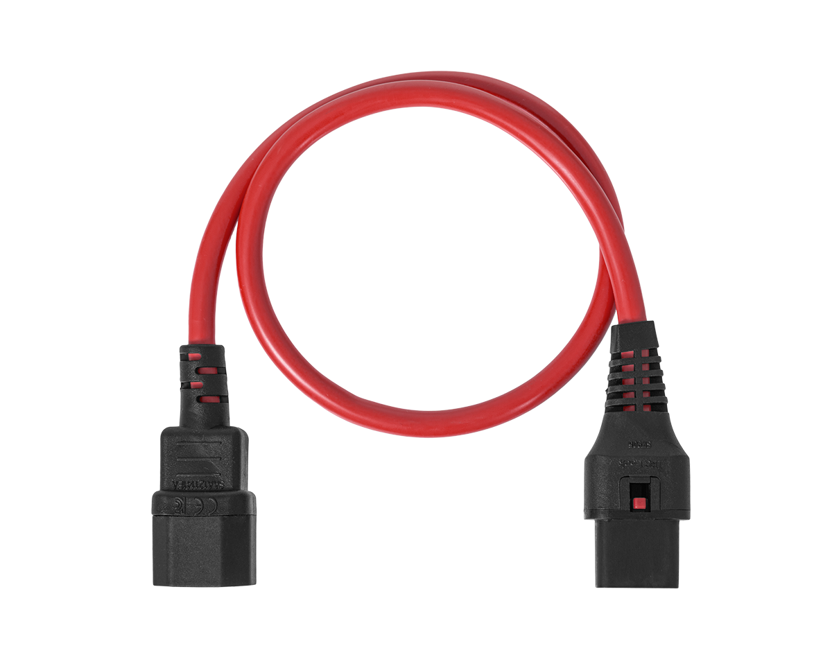 Шнур питания термостойкий с фиксатором IEC60320 C13 / IEC60320 C14, 10А, 250В (3×1,5), 0,5м, красный, R-10-Cord60-C13-C14-0.5-Red