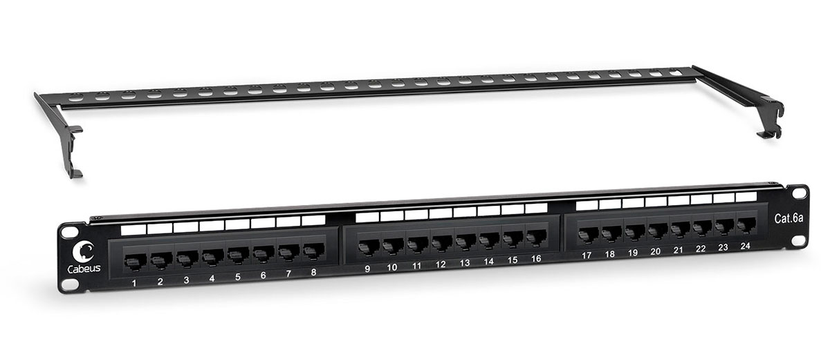 Cabeus PL-24-Cat.6A-Dual IDC Патч-панель 19" (1U), 24 портов RJ-45, категория 6A, Dual IDC, с задним кабельным организатором