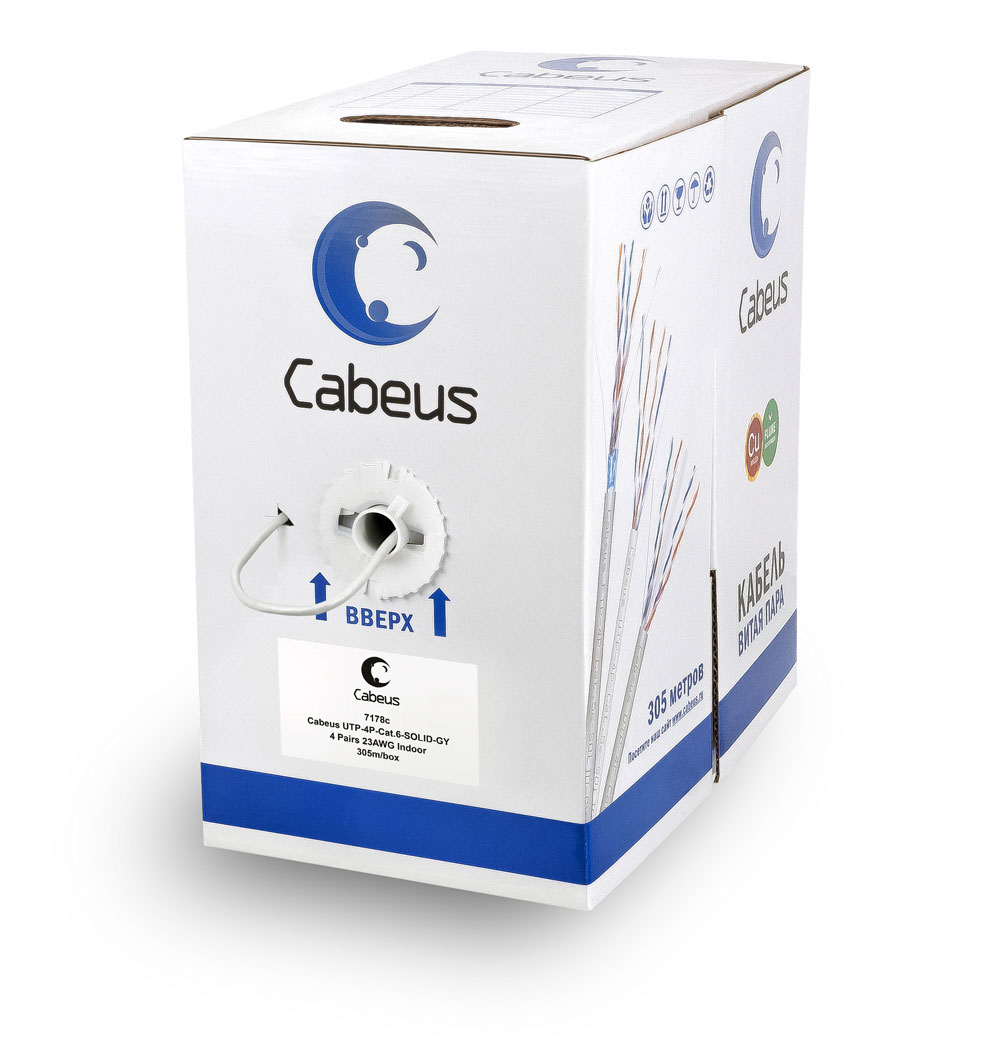 Cabeus UTP-4P-Cat.6-SOLID-GY Кабель витая пара UTP (U/UTP), категория 6, 4 пары 0,57мм (23 AWG), одножильный, серый (305 м)