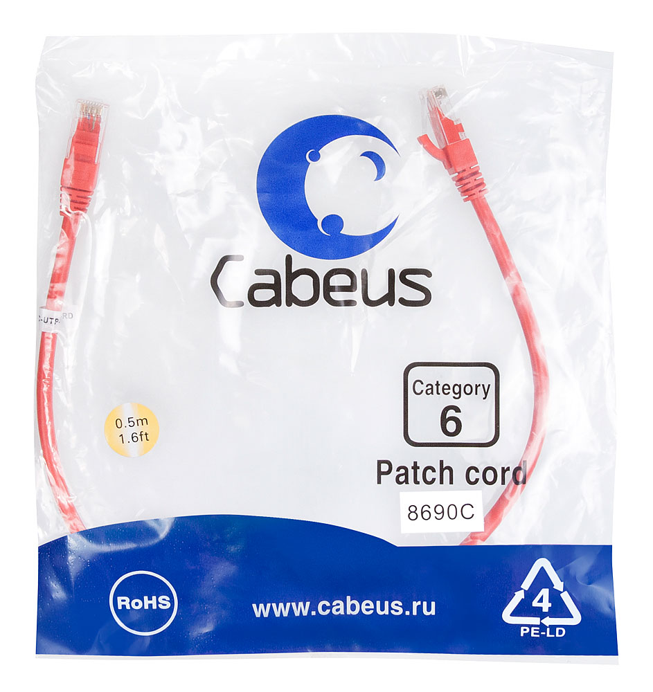 Cabeus PC-UTP-RJ45-Cat.6-0.5m-RD Патч-корд UTP, категория 6, 0.5 м, неэкранированный, красный