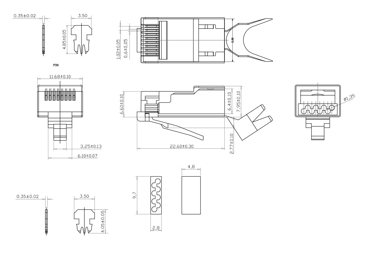 Cabeus 8P8C-SH-C6(1.35)-TWP Коннектор RJ-45(8P8C) под витую пару, категория 6, экранированный, универсальный (для одножильного и многожильного кабеля), для проводников с толщиной по изоляции до 1.35 мм, со вставкой