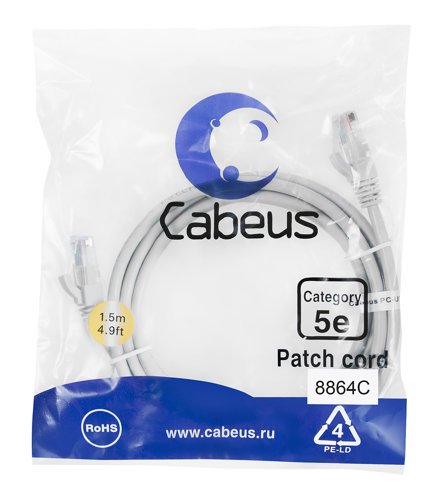 Cabeus PC-UTP-RJ45-Cat.5e-1.5m-LSZH Патч-корд UTP, категория 5e, 1.5 м, LSZH, неэкранированный, серый