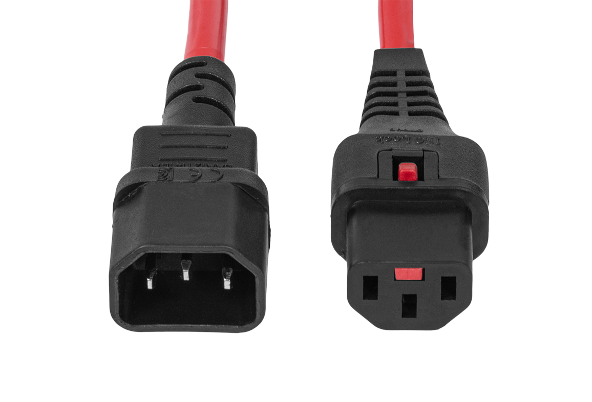 Шнур питания термостойкий с фиксатором IEC60320 C13 / IEC60320 C14, 10А, 250В (3×1,5), 0,5м, красный, R-10-Cord60-C13-C14-0.5-Red