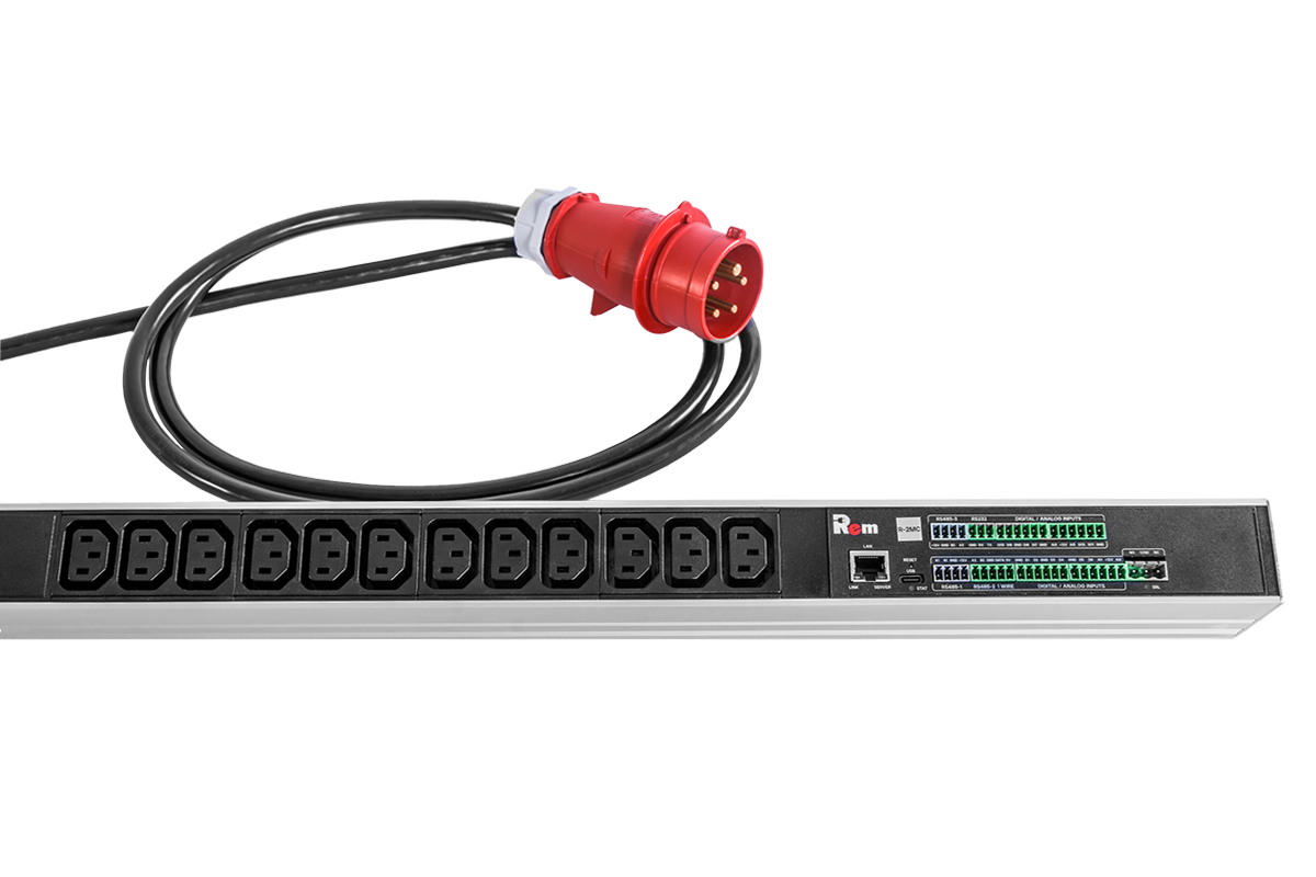 Верт блок розеток Rem-2MC, монит, измер, 3×16A, 36C13, 1420мм, шнур 3м IEC309, R-2MC3-3x16-36C13-MI-1420-3-3PN