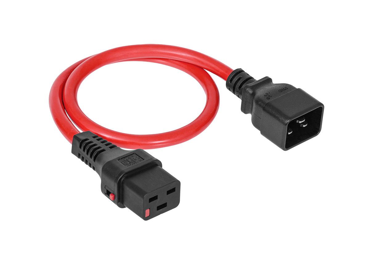 Шнур питания термостойкий с фиксатором IEC60320 C19 / IEC60320 C20, 16А, 250В (3×2,5), 0,5м, красный, R-16-Cord60-C19-C20-0.5-Red