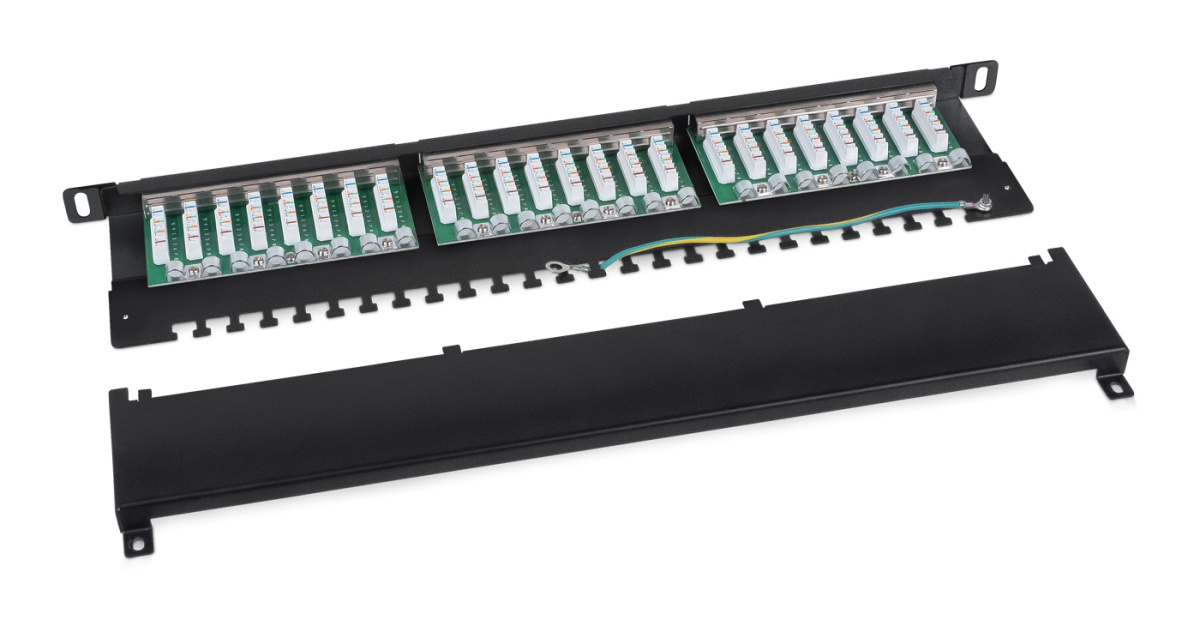Cabeus PLHD-24-Cat.6a-SH-Dual-0,5U Патч-панель высокой плотности 19" (0,5U), 24 порта RJ-45, категория 6а, полностью экранированная, Dual IDC
