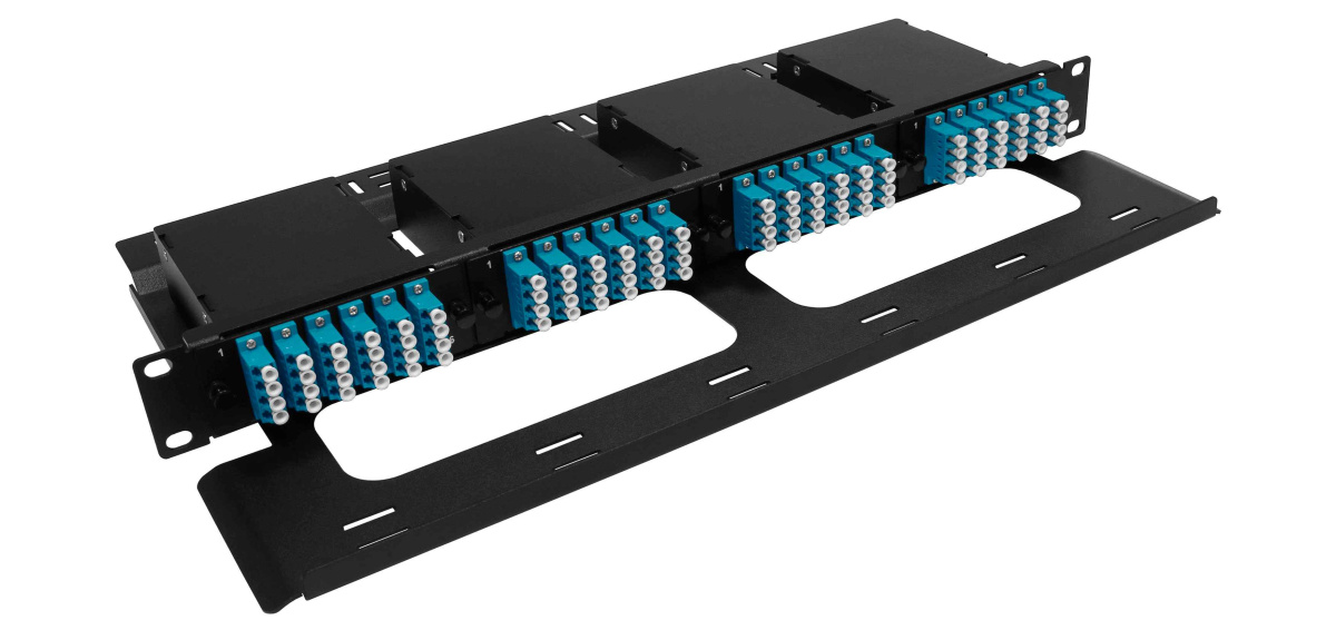 Cabeus FO-19-4K-S-1U-BK-T Кроссовая стоечная панель, 19", до 4 кассет/модулей, с полкой и задним кабельным организатором (пустая), черная