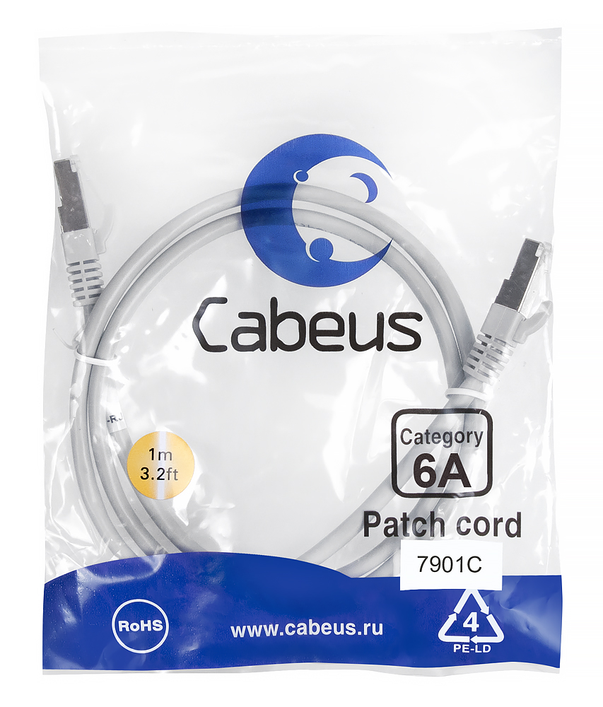 Cabeus PC-SSTP-RJ45-Cat.6a-1m-LSZH Патч-корд SSTP, категория 6a, 10G, S/FTP экранированный, LSZH, 1 м, серый