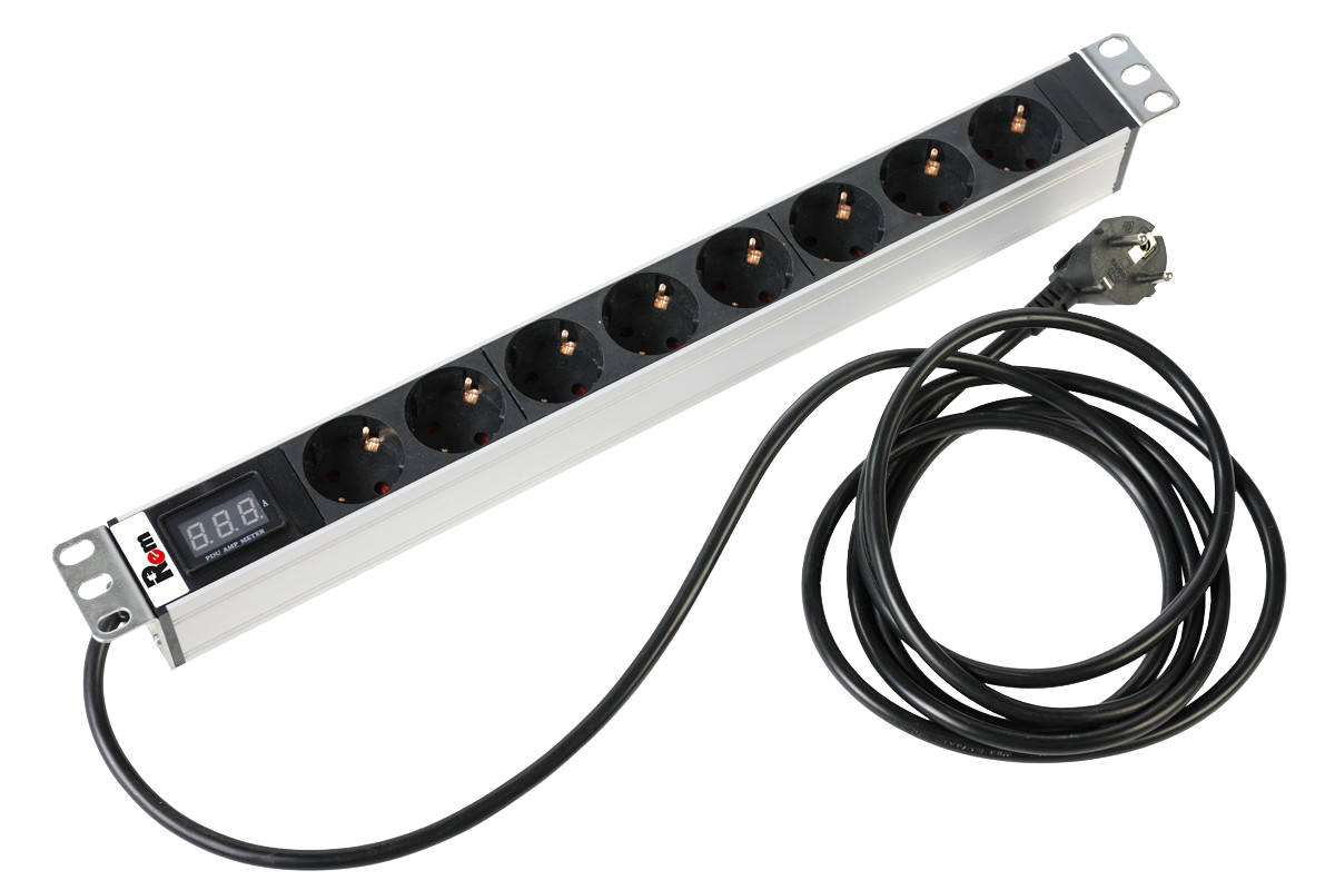ЦМО R-16-8S-Am-440-3 Блок розеток Rem-16 с амперметром, 8 Schuko, 16A, алюм., 19", шнур 3 м. R-16-8S-AM-440-3