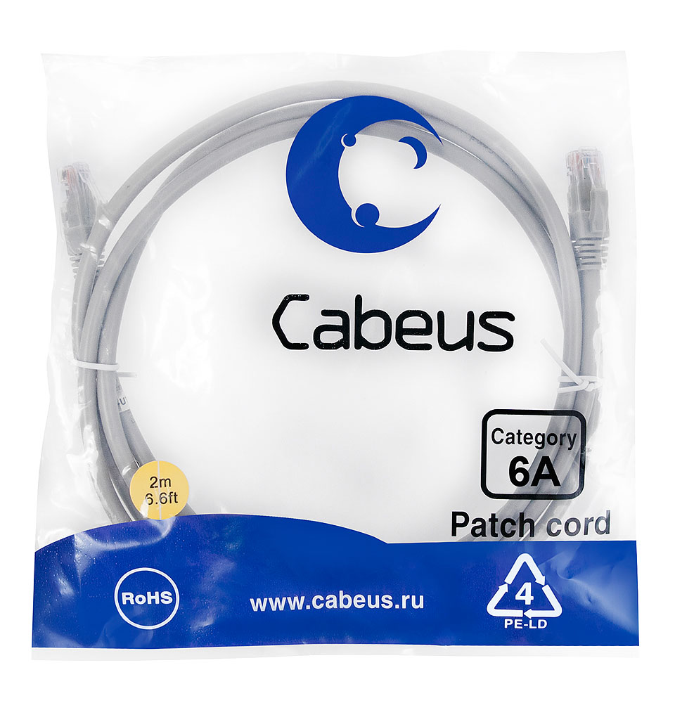 Cabeus PC-UTP-RJ45-Cat.6a-2m-LSZH Патч-корд UTP, категория 6a, 10G, неэкранированный, LSZH, 2 м, серый