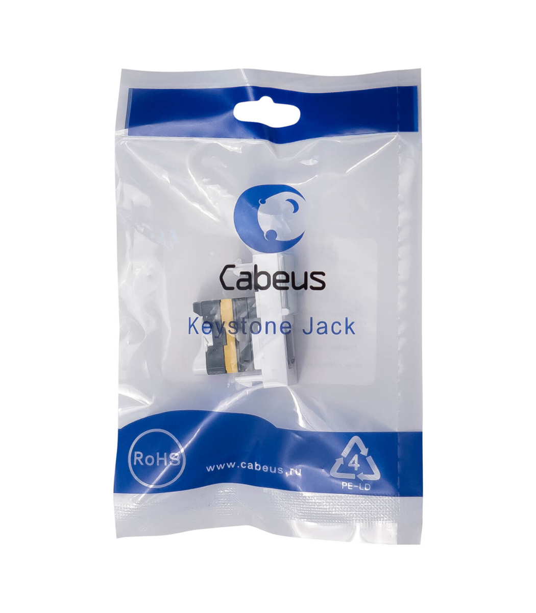 Cabeus KJ-RJ45-Cat.6a-180T-FP-L-22,5 Keystone Jack RJ-45(8P8C), 180 градусов, категория 6a, безинструментный монтаж, вставка Mosaic (арт.076571)