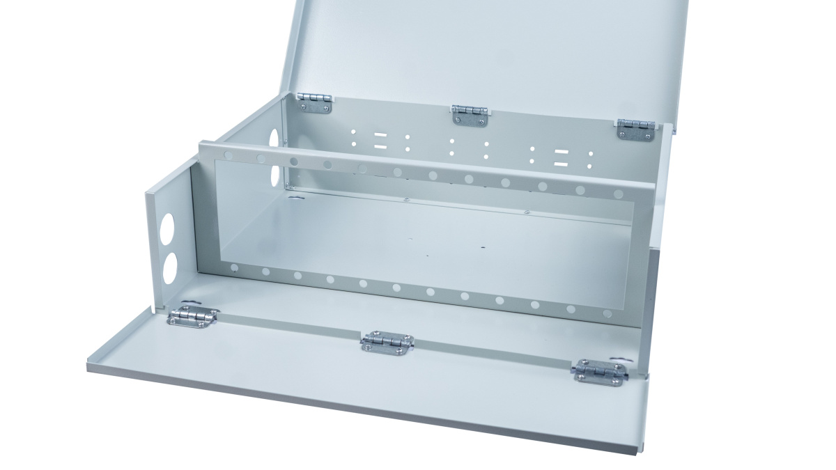 Cabeus FO-WL-64/96-SC/2LC/FC/ST-FP-K Кросс оптический настенный частично укомплектованный 64/96 портов SC/LC duplex/FC/ST (Планка SC/2LC-12 шт, планка FC/ST-12шт, планка-заглушка-4шт, сплайс-кассета-6шт, крышка для ску -1шт) серый RAL 7035