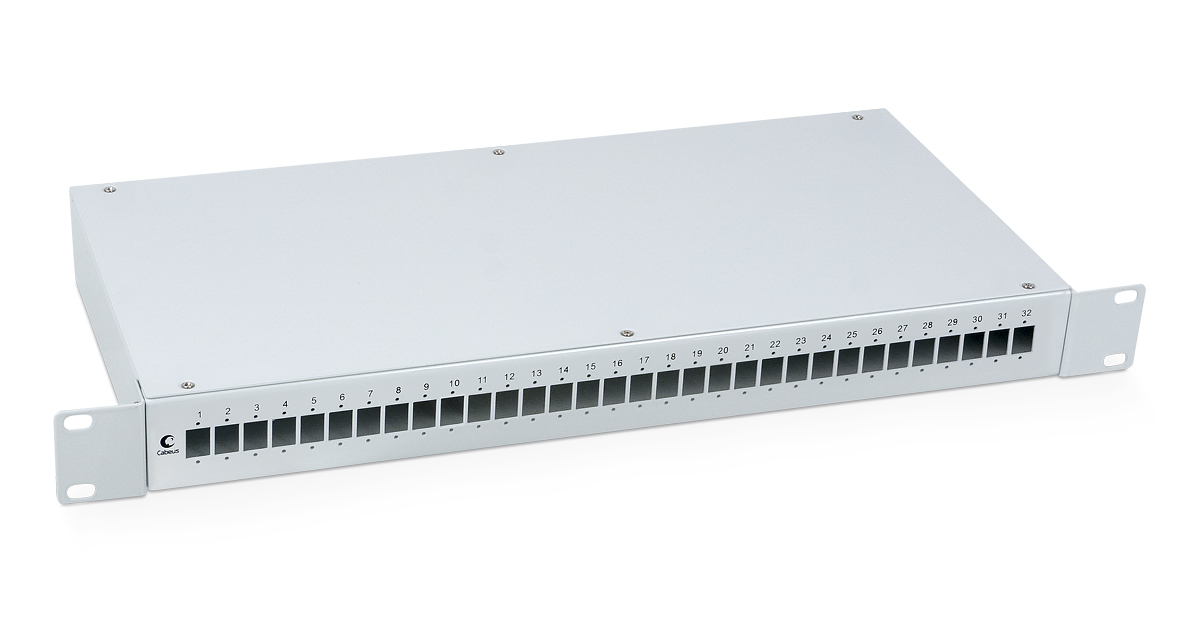 Cabeus FO-19-32SC Кросс бокс оптический 19" на 32 SC (LC duplex) со сплайс пластиной и КДЗС (без пигтейлов и проходных адаптеров)