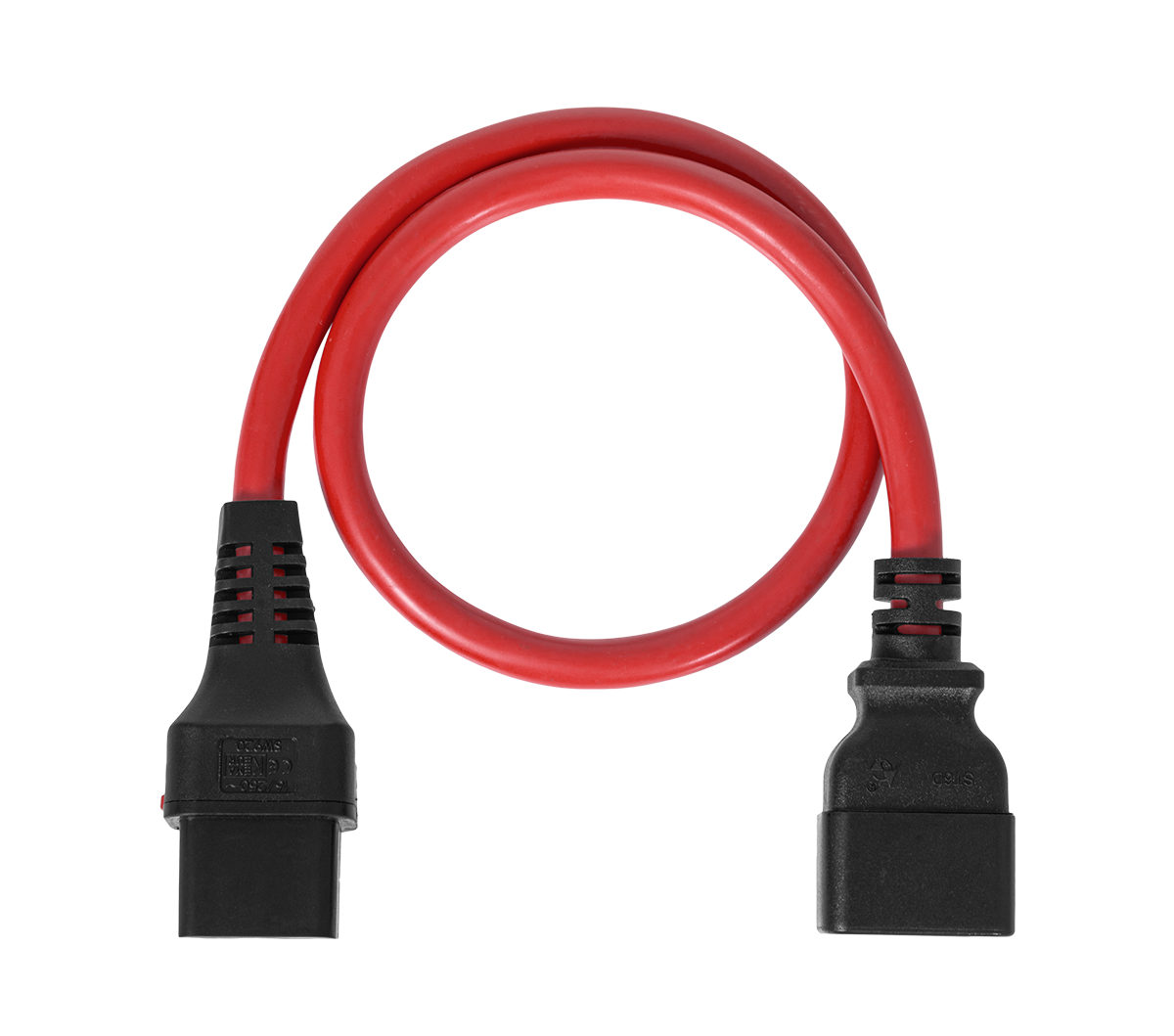 Шнур питания термостойкий с фиксатором IEC60320 C19 / IEC60320 C20, 16А, 250В (3×2,5), 0,5м, красный, R-16-Cord60-C19-C20-0.5-Red