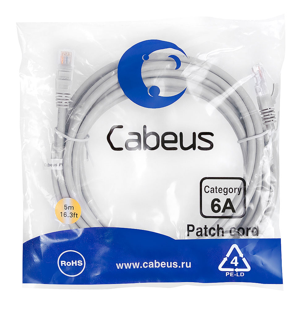Cabeus PC-UTP-RJ45-Cat.6a-5m-LSZH Патч-корд UTP, категория 6a, 10G, неэкранированный, LSZH, 5 м, серый