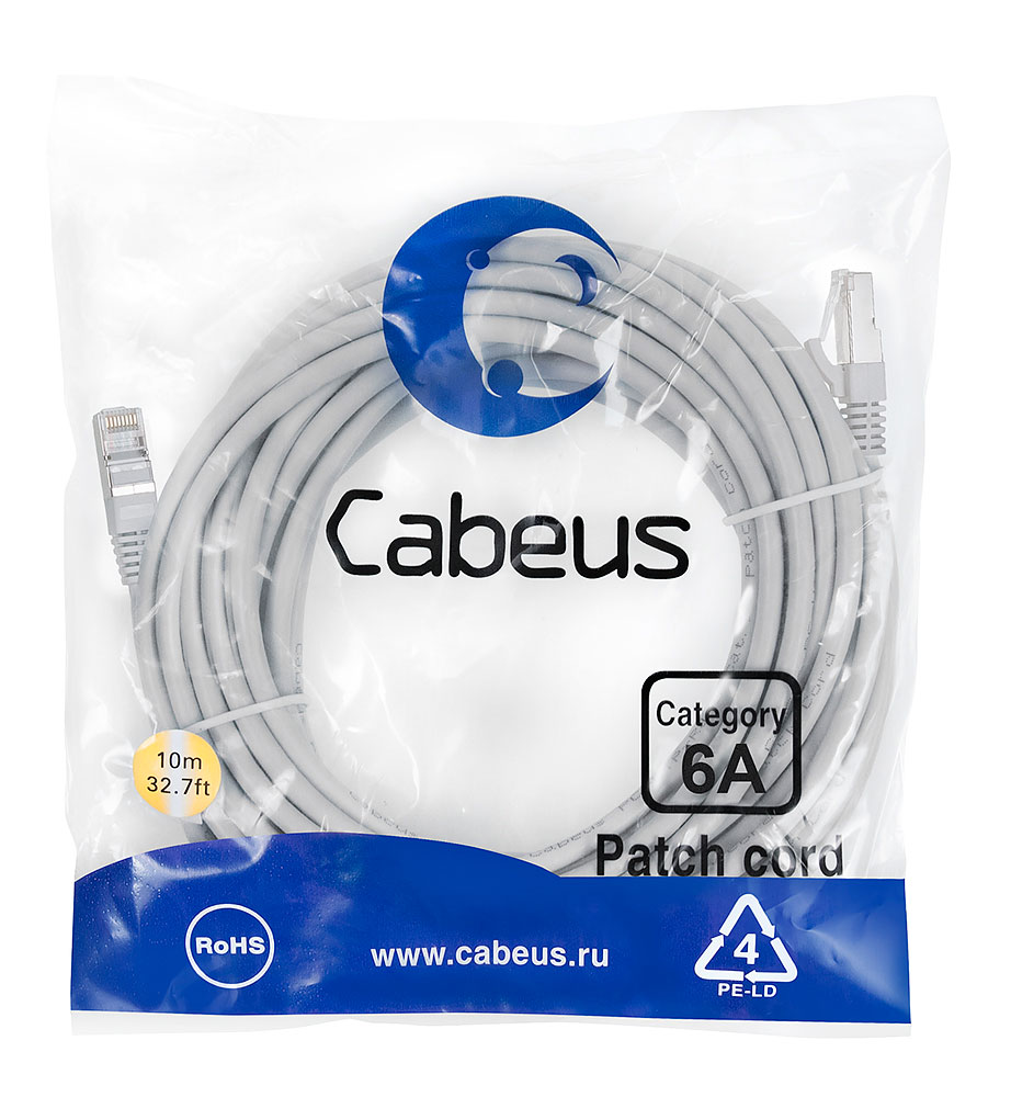 Cabeus PC-SSTP-RJ45-Cat.6a-10m-LSZH Патч-корд SSTP, категория 6a, 10G, S/FTP экранированный, LSZH, 10 м, серый
