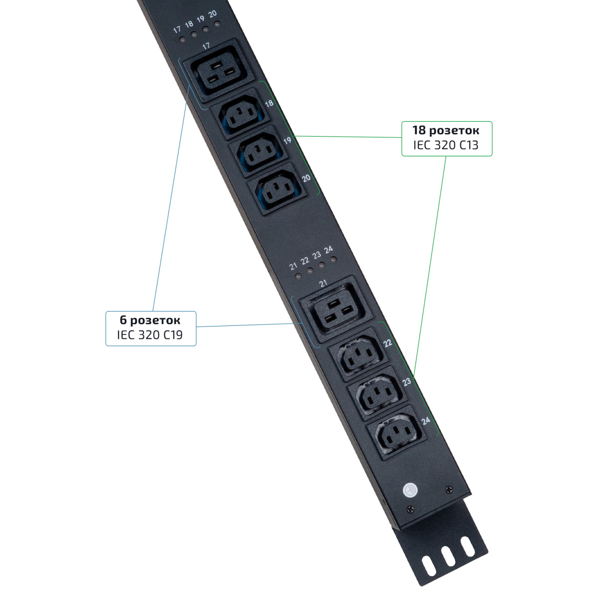Cabeus SMART-PDU-32-1P-18C13-6C19-I309-CM Блок распределения питания, вертикальный, 18 розеток IEC 320 C13, 6 розеток IEC 320 C19, 1 фаза, 32А, 2х16А автомата защиты, 250В, мониторинг/управление, шнур 3м 3х6мм с вилкой IEC 60309