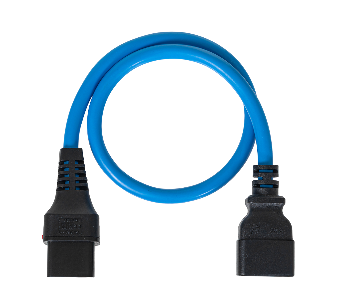 Шнур питания термостойкий с фиксатором IEC60320 C19 / IEC60320 C20, 16А, 250В (3×2,5), 0,5м, синий, R-16-Cord60-C19-C20-0.5-Blue