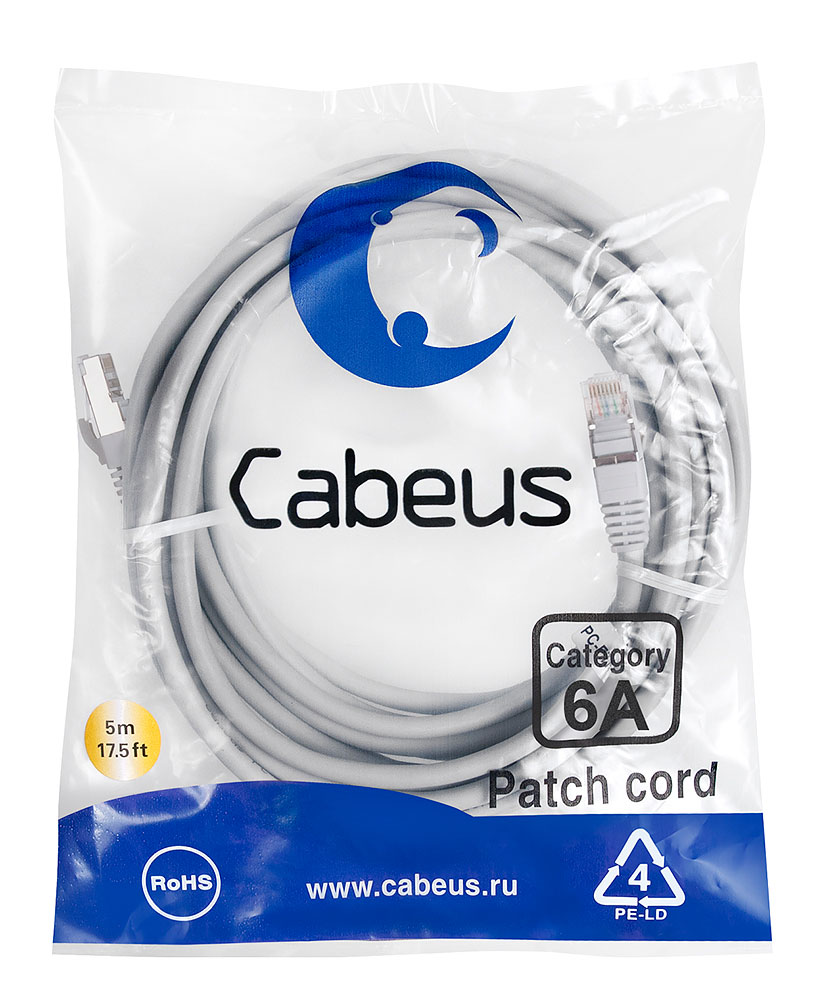 Cabeus PC-SSTP-RJ45-Cat.6a-5m-LSZH Патч-корд SSTP, категория 6a, 10G, S/FTP экранированный, LSZH, 5 м, серый