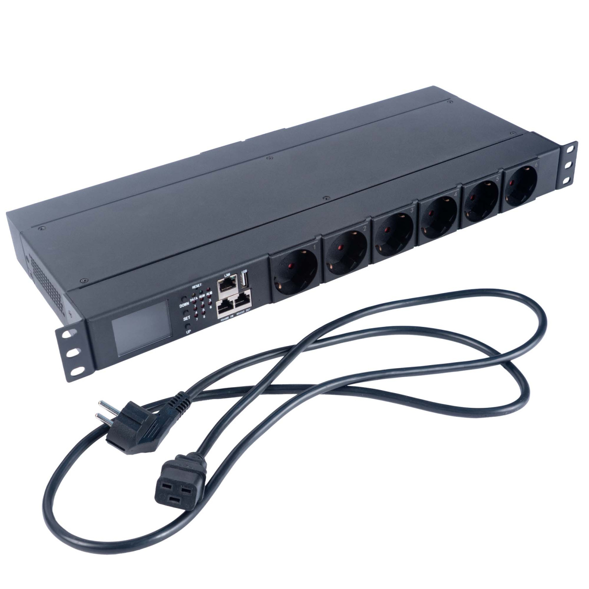 Cabeus SMART-PDU-C20-8S22-CM Блок распределения питания, 1U горизонтальный, входной разъем С20, выходной 8xSchuko розеток, 1 фаза, 16 A, мониторинг/управление, евро-шнур 3х1,5мм длина 2м