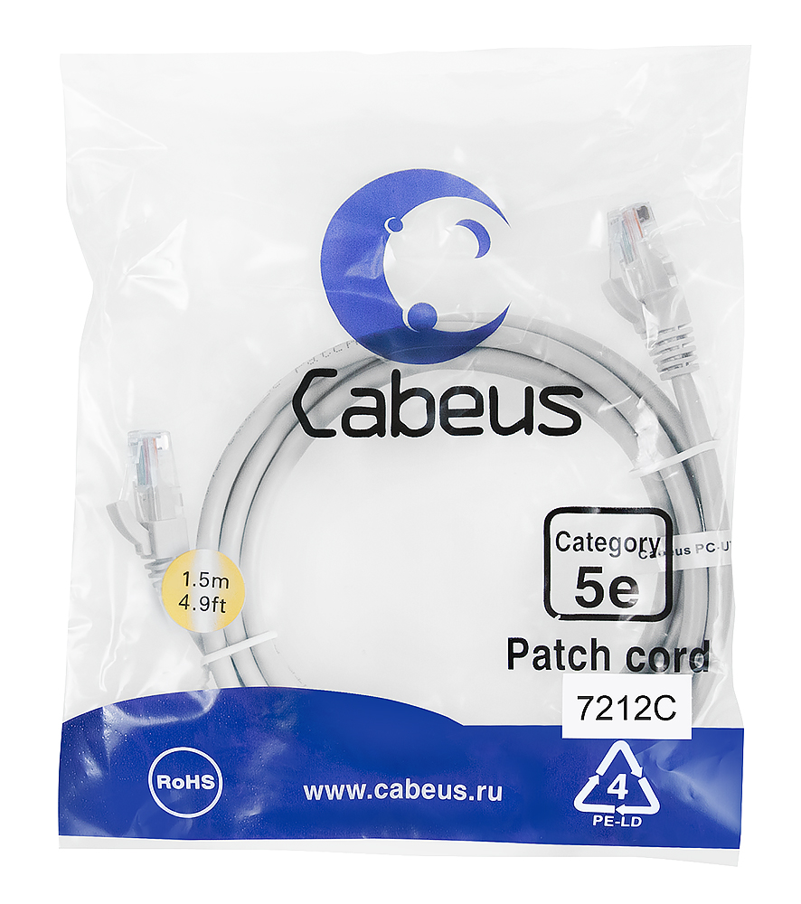 Cabeus PC-UTP-RJ45-Cat.5e-1.5m Патч-корд UTP, Cat.5е, 1.5 м, серый
