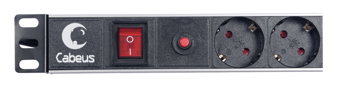 Cabeus (PDU-6P-F-2EU) Блок евророзеток для 19" шкафов, горизонтальный, 6 розеток, фильтр, 16 A, выключатель, шнур 2м, алюминиевый корпус, немецкий стандарт