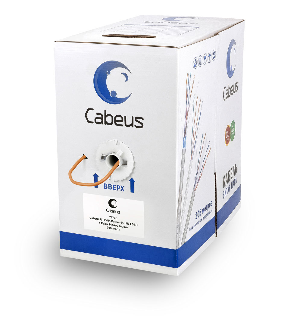 Cabeus UTP-4P-Cat.5e-SOLID-LSZH Кабель витая пара UTP (U/UTP), категория 5e, 4 пары 0,51мм (24 AWG), одножильный, LSZH (Low Smoke Zero Halogen) (305 м)